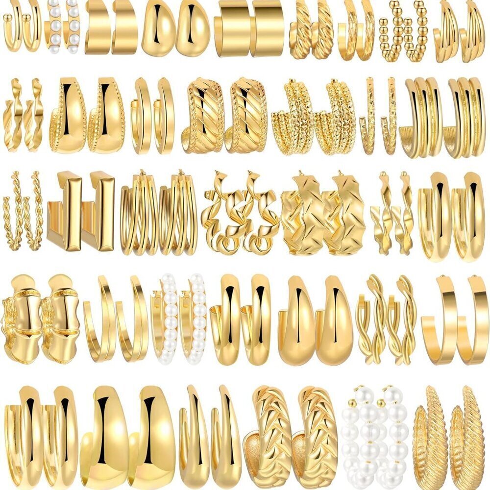 Gold Hoop Earrings Set 36 Pairs Mix of Sizes and Styles Hypoallergenic Jewelry